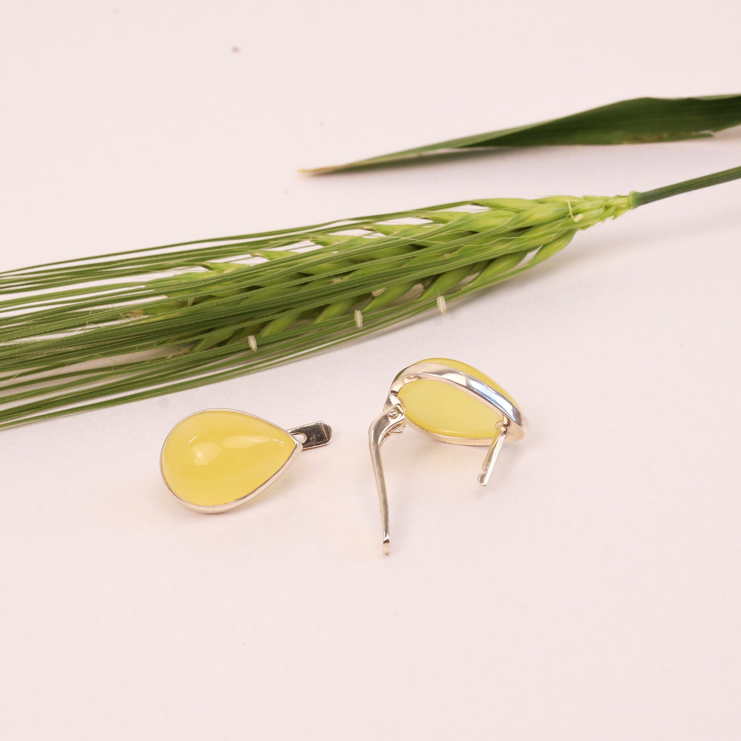 Yellow earrings with silver hooks on a light background with green leaves.