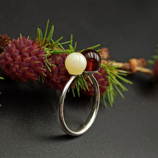 Amber Silver 2 Beads Ring