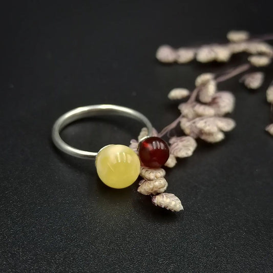 Amber Silver 2 Beads Ring