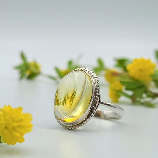Natural Amber & Sterling Silver Oval Ring