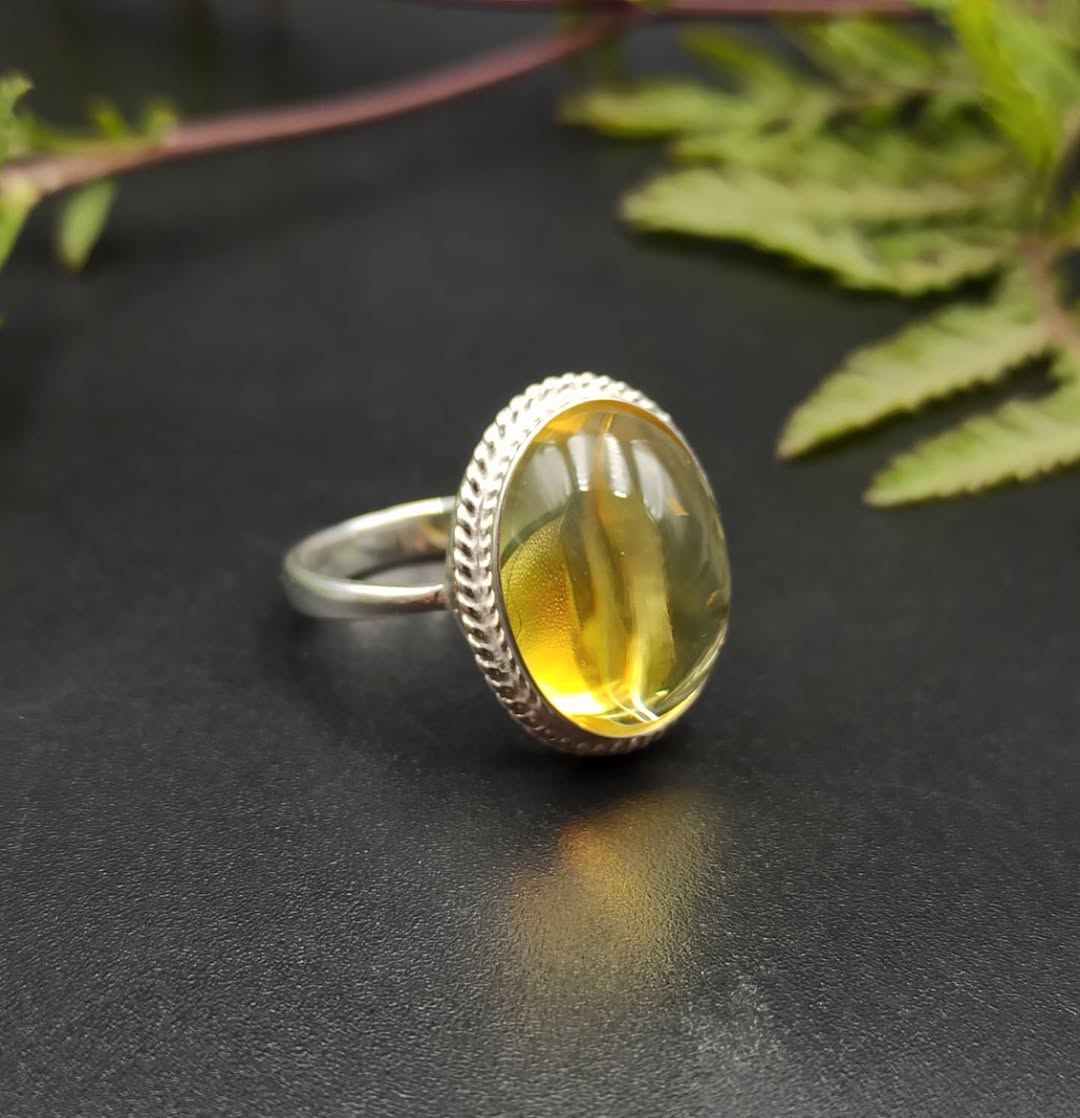 Natural Amber  Sterling Silver Oval Ring