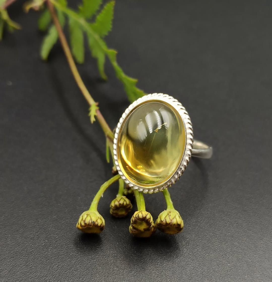 Natural Amber  Sterling Silver Oval Ring