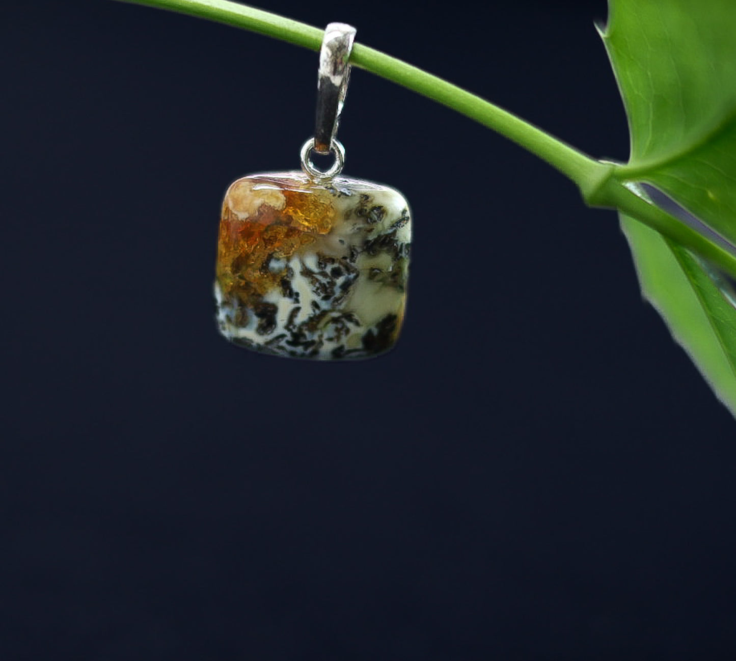 Dendritic Baltic Amber Square Pendant in Silver