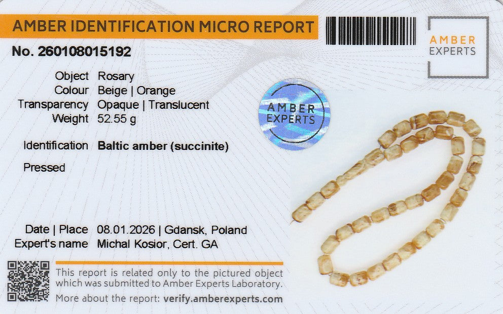 Certified beige and orange Baltic amber rosary (Mesbah) with pressed opaque and translucent beads, weighing 52.55g