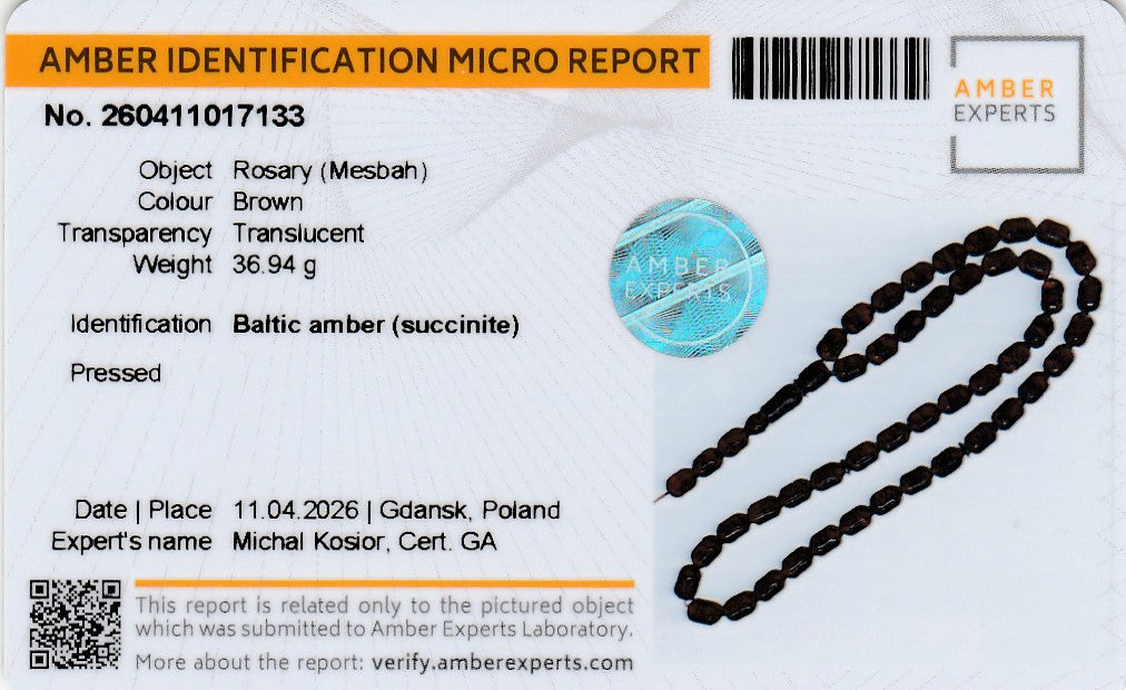 Certified brown Baltic amber rosary (Mesbah) with pressed translucent beads, weighing 36.94g