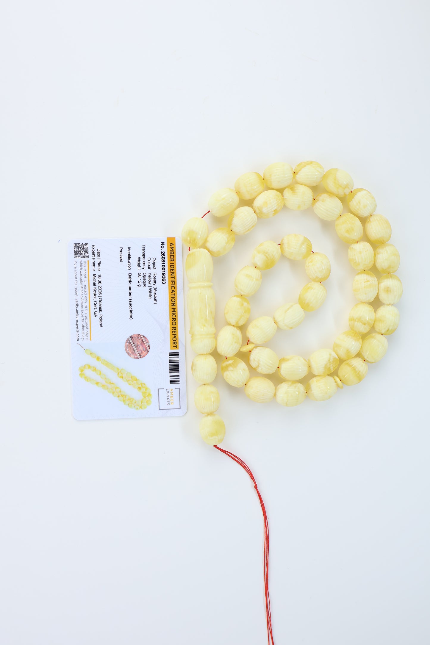 Pressed Baltic amber carved textured prayer beads 42 beads 15x12mm 56.12g with lab certificate from Tetibel Amber Jewels