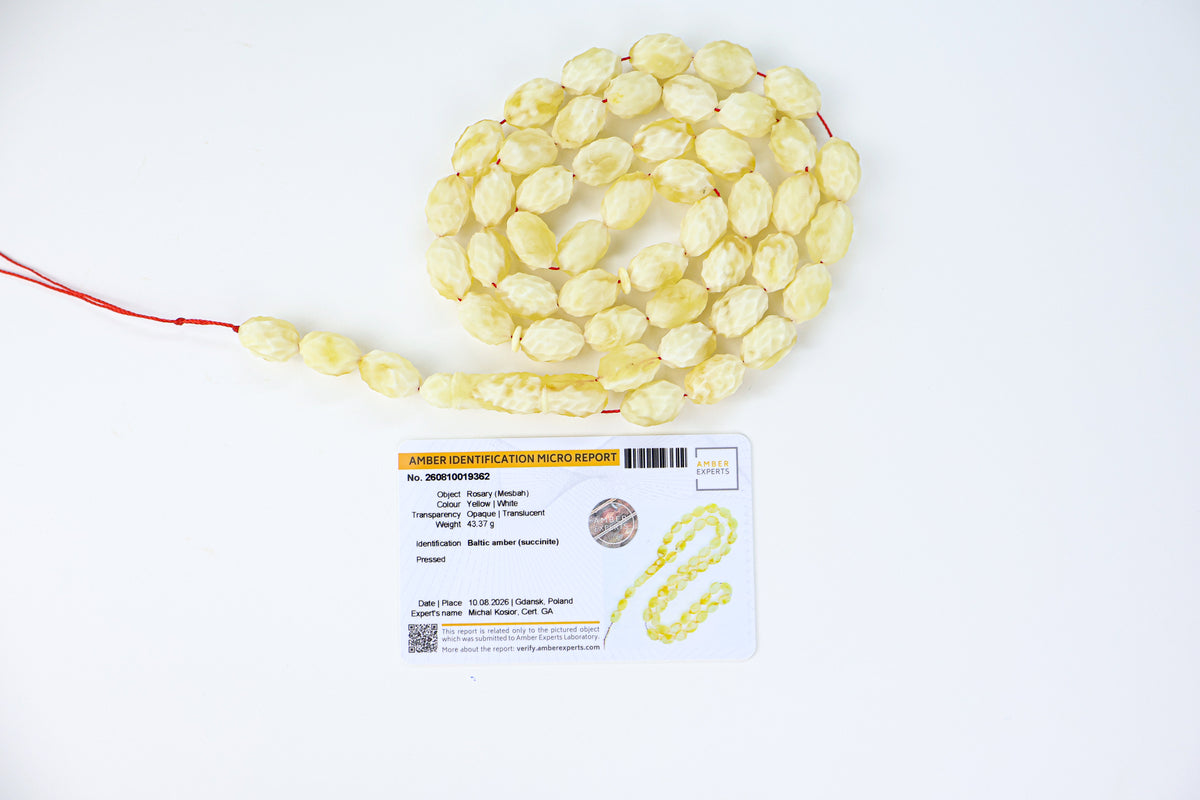 43.37g Baltic amber prayer beads (misbaha) with hand-carved ridges certified by Amber Experts Laboratory in Gdansk, Poland.