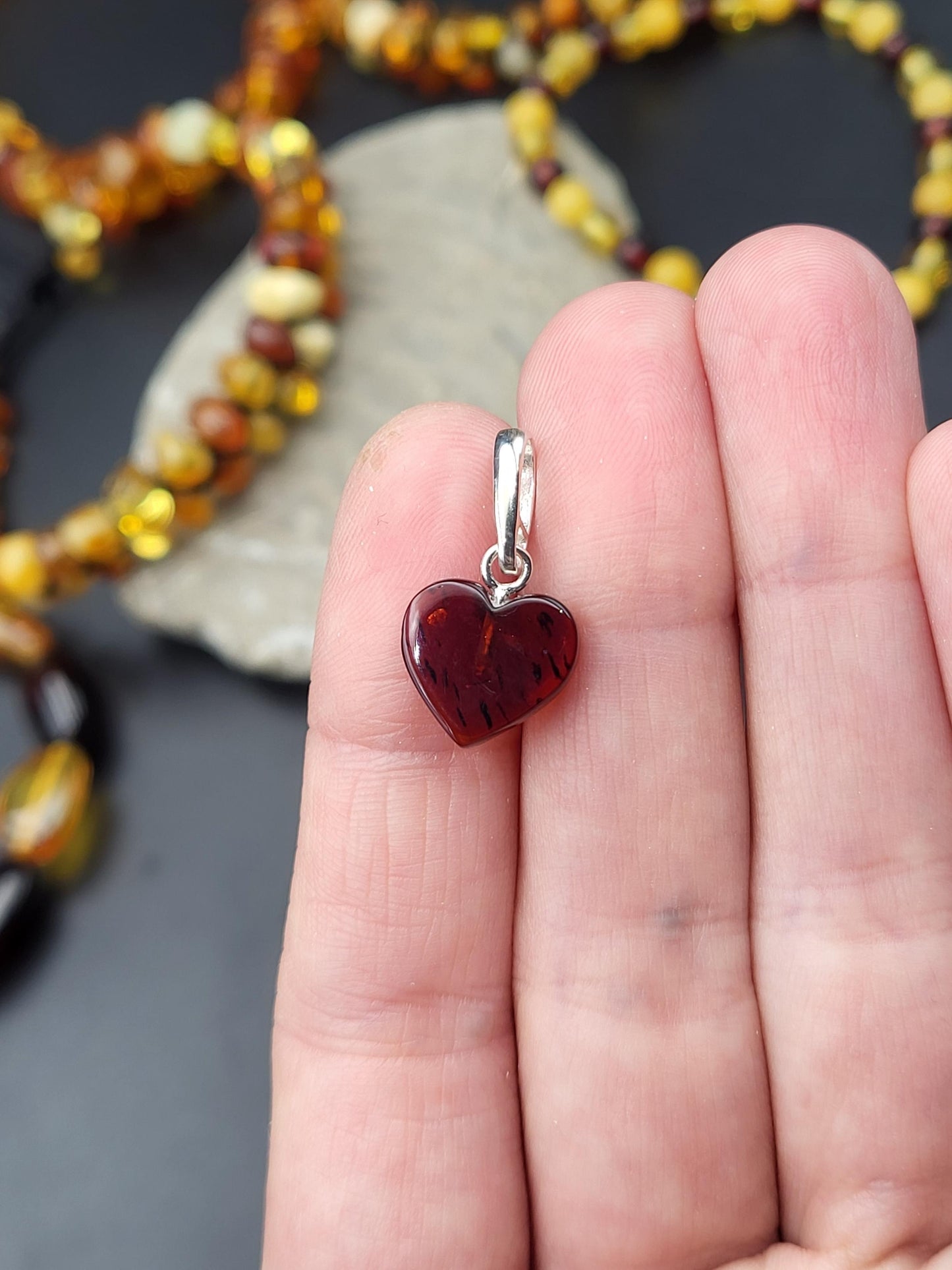 Baltic Amber Heart Pendant – Cognac Silver
