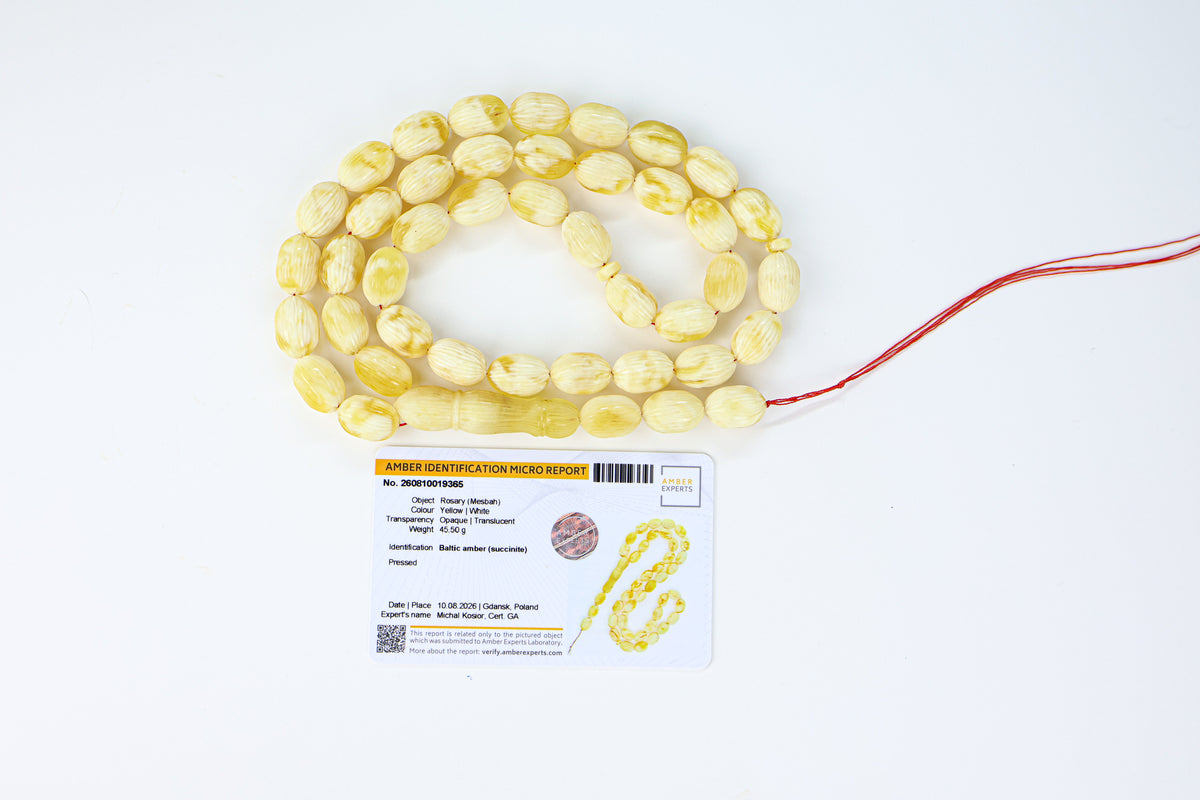45.50g Baltic amber prayer beads (misbaha) with hand-carved ridges certified by Amber Experts Laboratory in Gdansk, Poland.