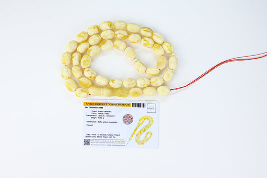 45.50g Baltic amber prayer beads (misbaha) with hand-carved ridges certified by Amber Experts Laboratory in Gdansk, Poland.