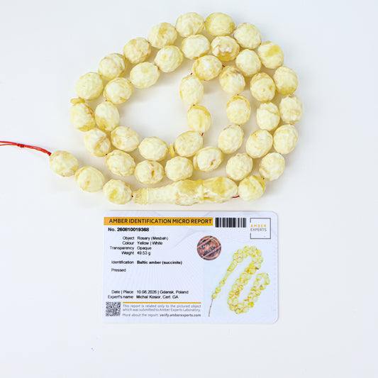 49.53g Baltic amber prayer beads (misbaha) with hand-carved ridges certified by Amber Experts Laboratory in Gdansk, Poland.