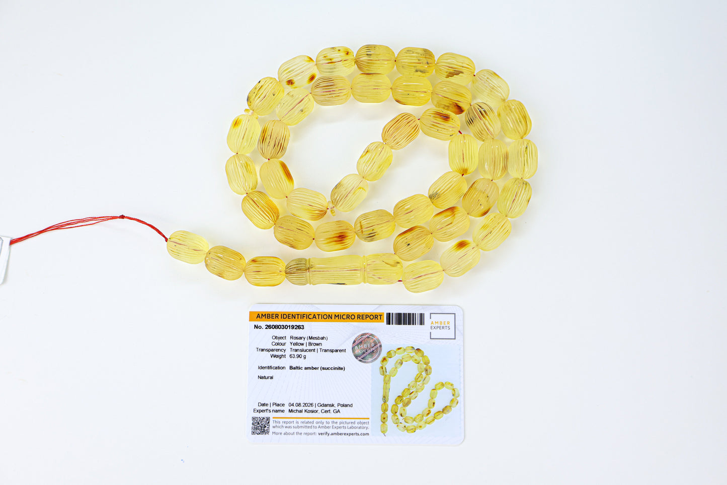 63.90g natural Baltic amber prayer beads (misbaha) with hand-carved ridges certified by Amber Experts Laboratory in Gdansk, Poland.