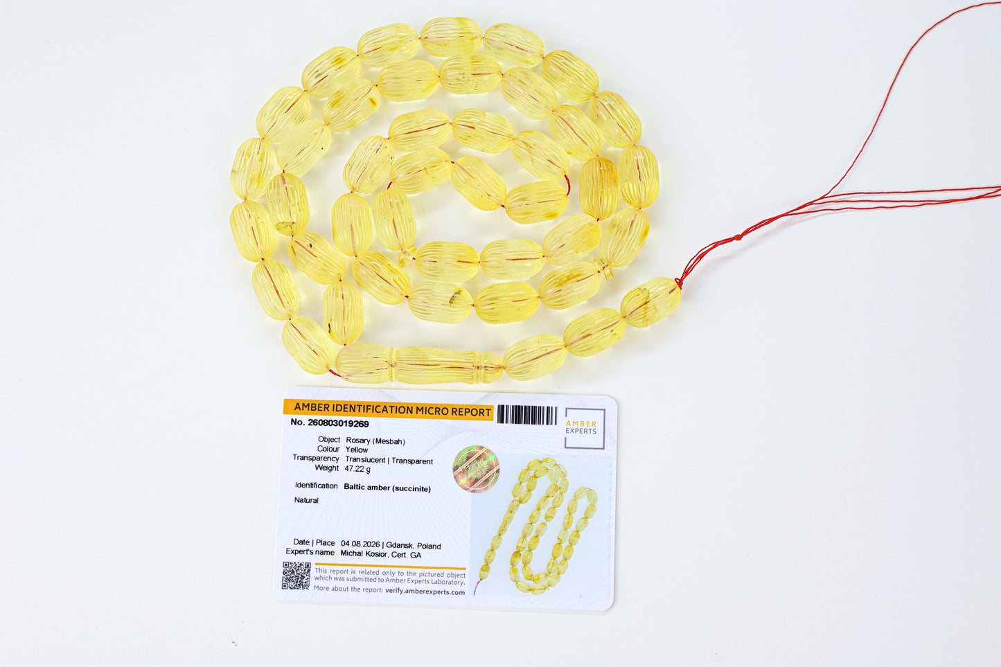 47.22g natural Baltic amber prayer beads (misbaha) with handcrafted carved ridges certified by Amber Experts Laboratory in Gdansk, Poland.