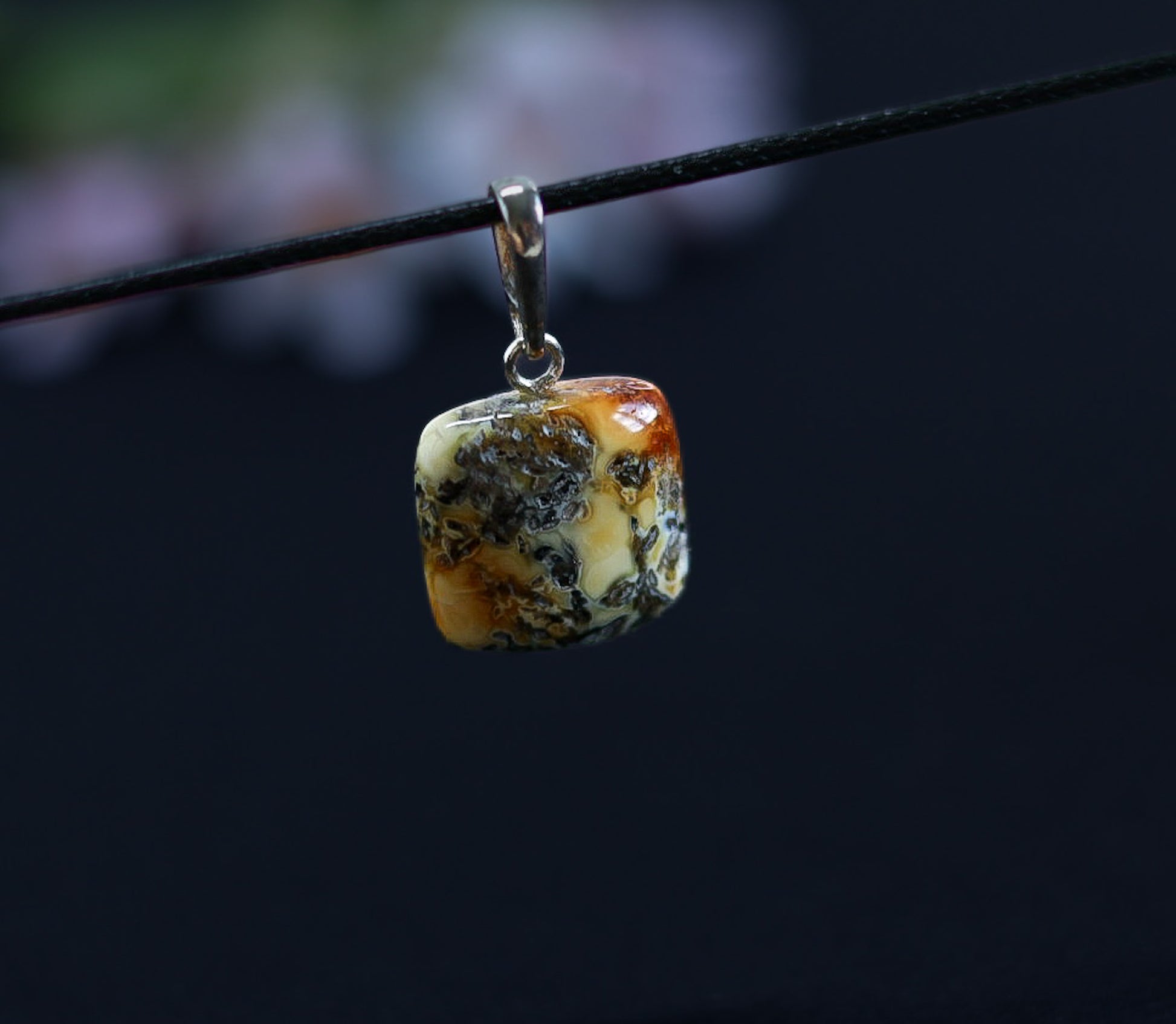 Dendritic Baltic amber square pendant in silver with natural inclusions