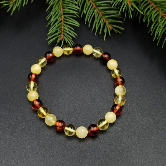 Multicolor Baltic Amber Bead Bracelet – Natural Round Amber Jewelry