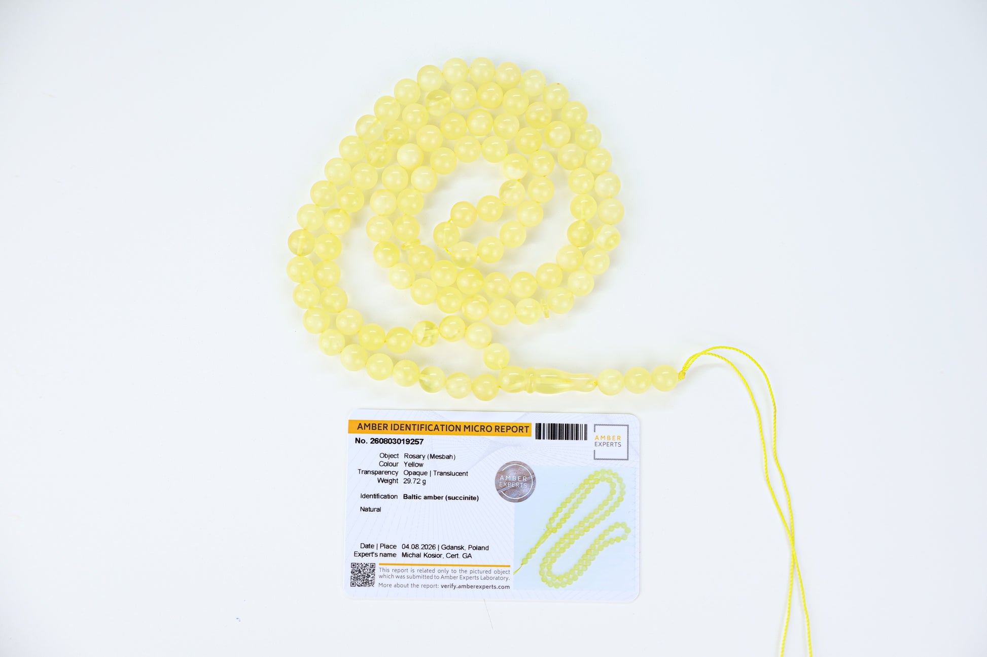 Certified natural yellow Baltic amber misbaha rosary with 102 round beads measuring 8mm by Tetibel.