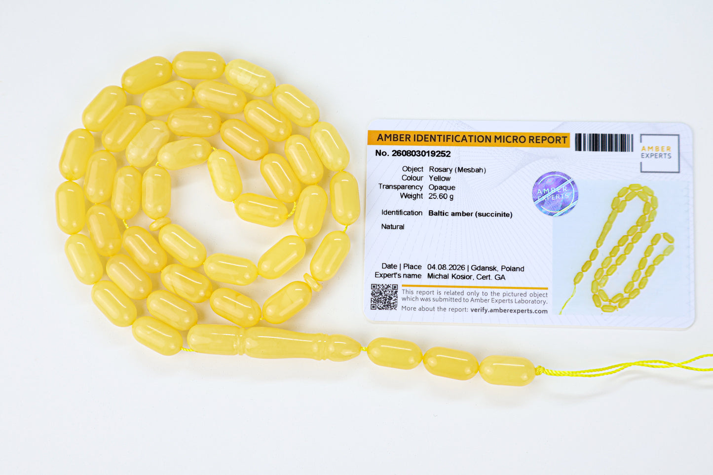 Certified natural opaque yellow Baltic amber misbaha rosary with 42 elongated beads measuring 14.5x7.5 mm by Tetibel.