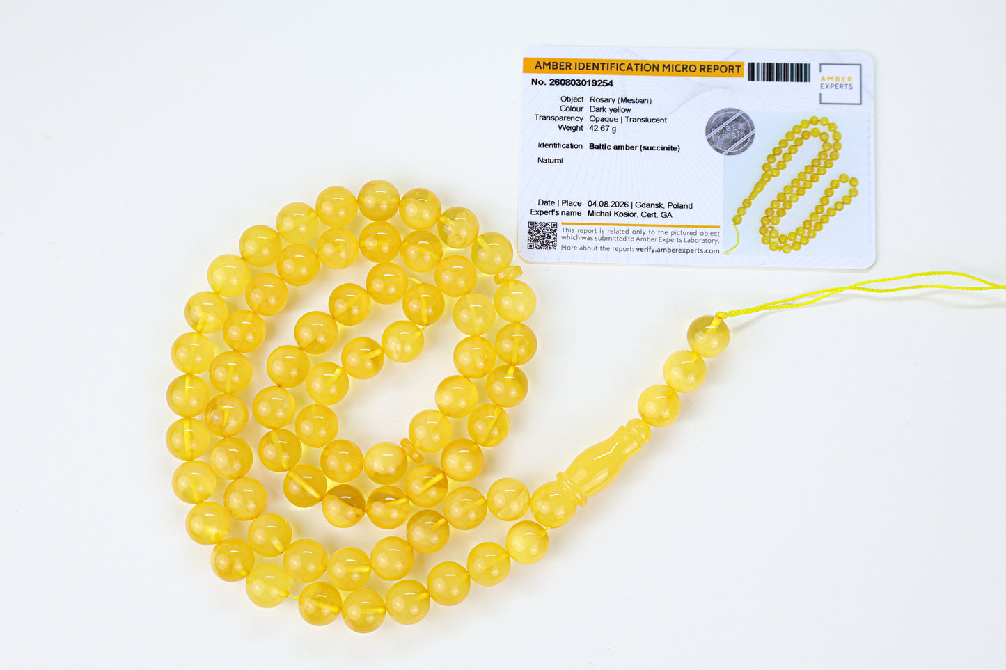 Authentic 10mm round Baltic amber misbaha strand with 69 beads and traditional amber imam head.