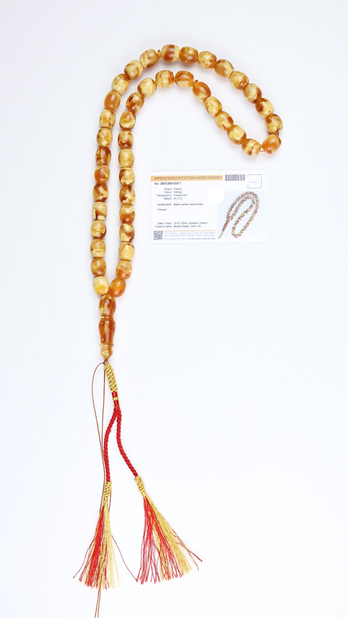 Authentic Baltic amber rosary translucent orange beads laboratory certified in Gdansk Poland