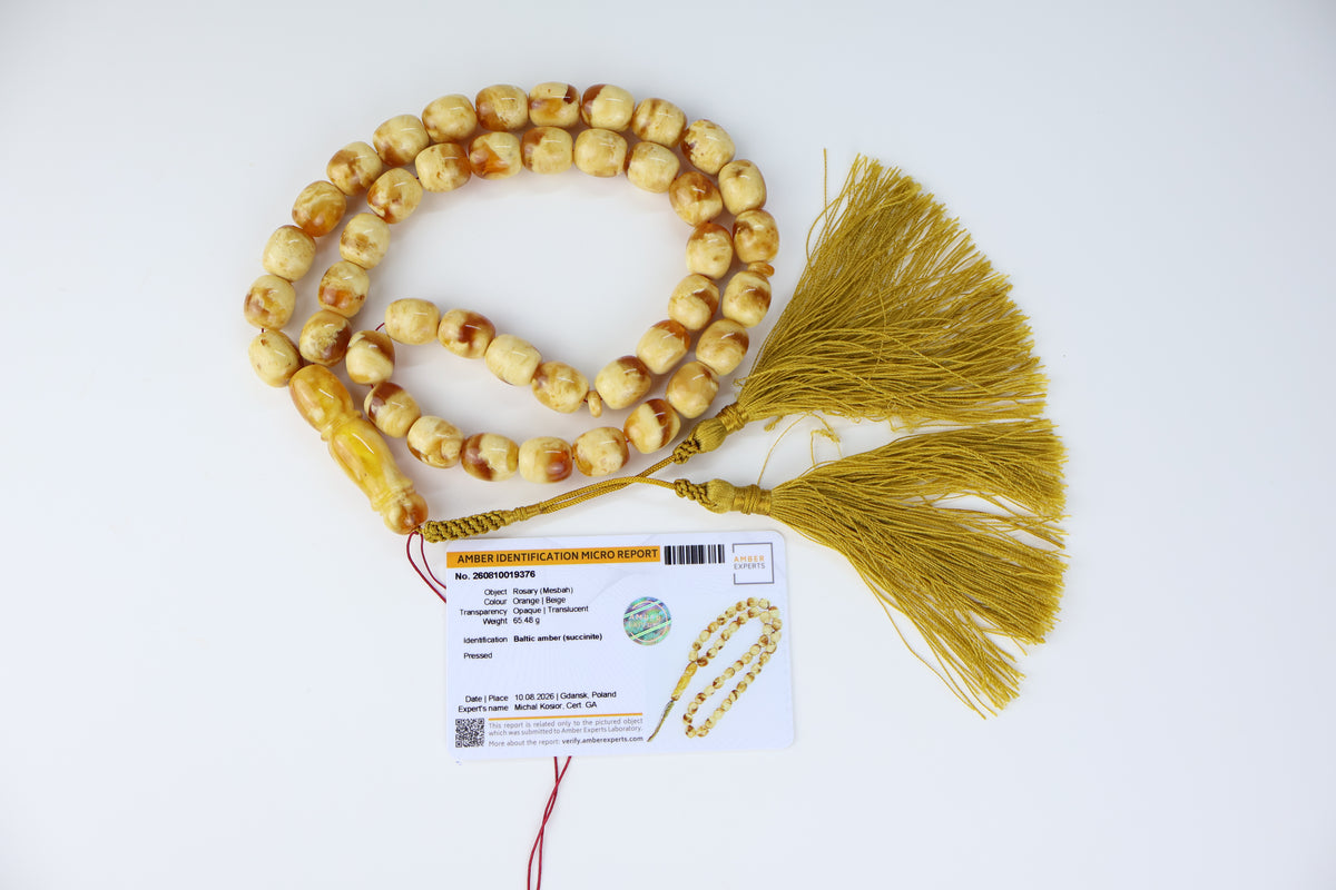 65.48g Baltic amber prayer beads (misbaha) with double golden tassels certified by Amber Experts Laboratory in Gdansk, Poland.
