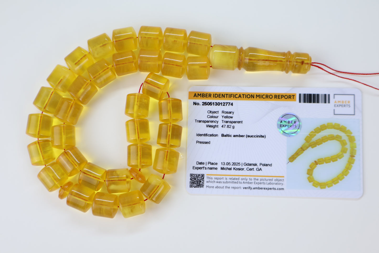 Transparent yellow pressed Baltic amber prayer beads 33 beads 12.5x12mm 47.82g with lab certificate from Tetibel Amber Jewels