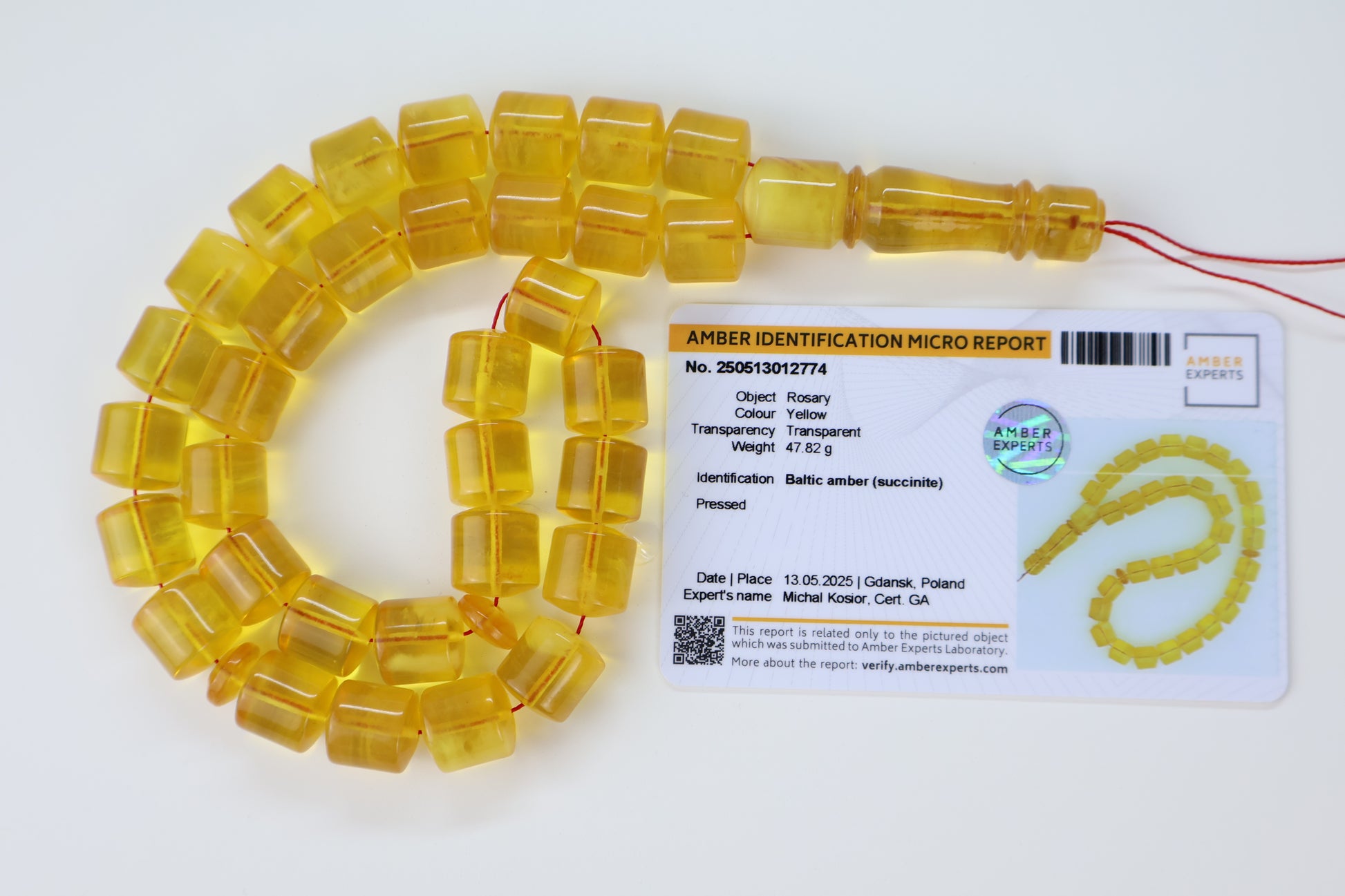 Transparent yellow pressed Baltic amber prayer beads 33 beads 12.5x12mm 47.82g with lab certificate from Tetibel Amber Jewels