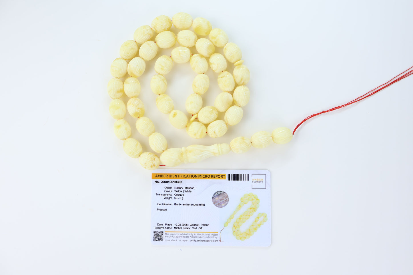 Pressed Baltic amber textured prayer beads 42 beads 12x15mm 53.73g with lab certificate from Tetibel Amber Jewels