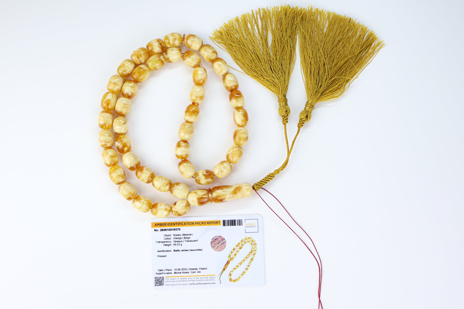 Pressed Baltic amber prayer beads 42 beads 14.5x12mm 64.53g with handmade golden yellow Doha Qatar tassel and lab certificate from Tetibel Amber Jewels