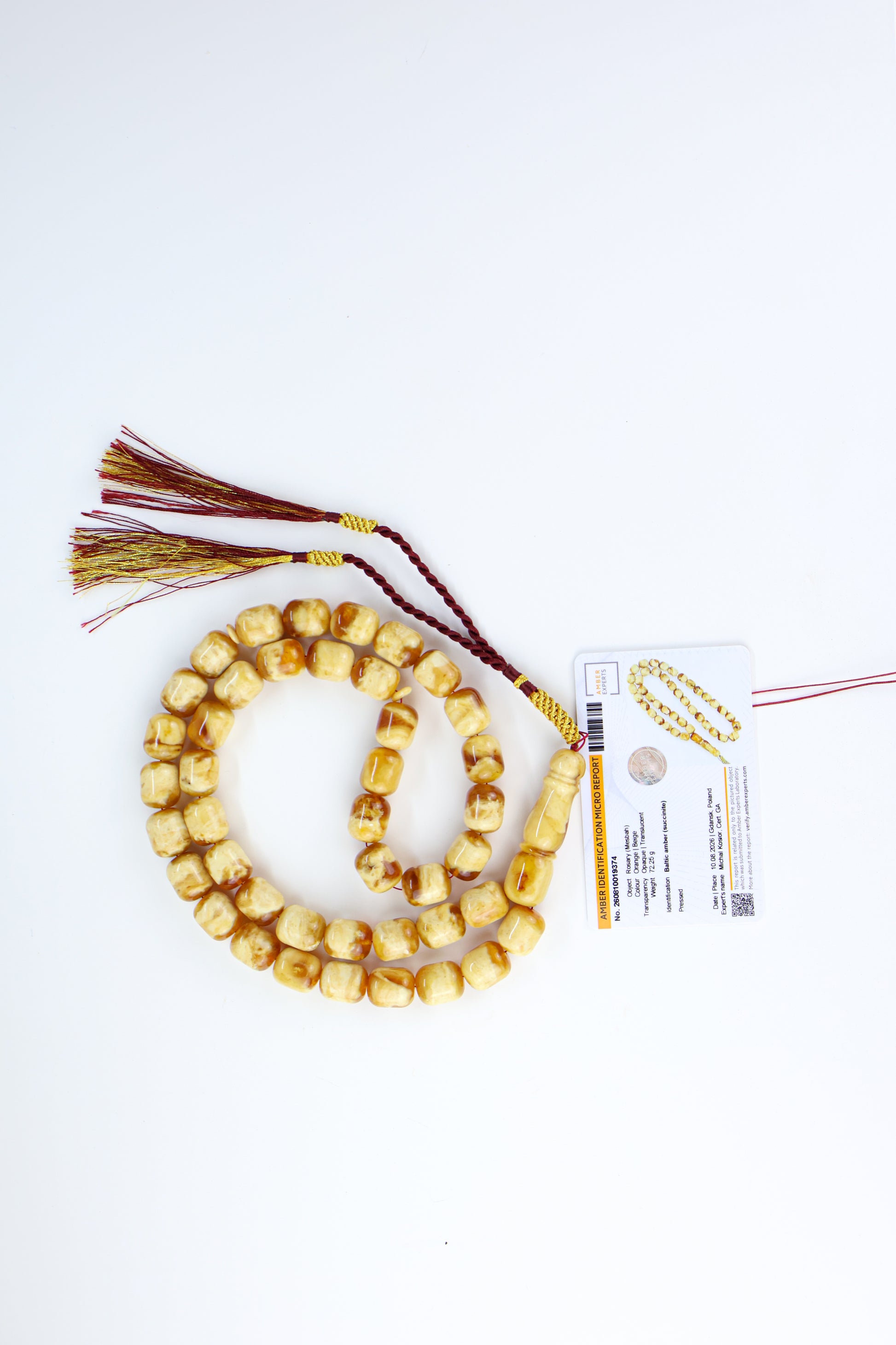 Pressed Baltic amber prayer beads 42 beads 15x12mm 72.25g with handmade burgundy and gold Doha Qatar tassel and lab certificate from Tetibel Amber Jewels