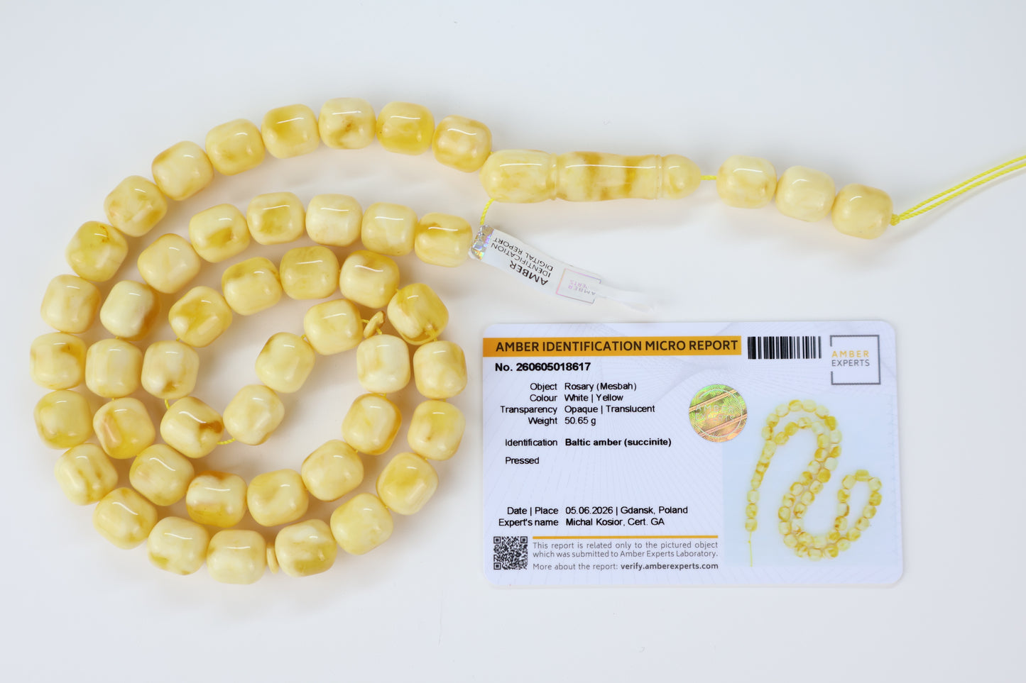 Pressed White & Yellow Baltic Amber Mesbah Rosary – 12x11mm (50.65g)