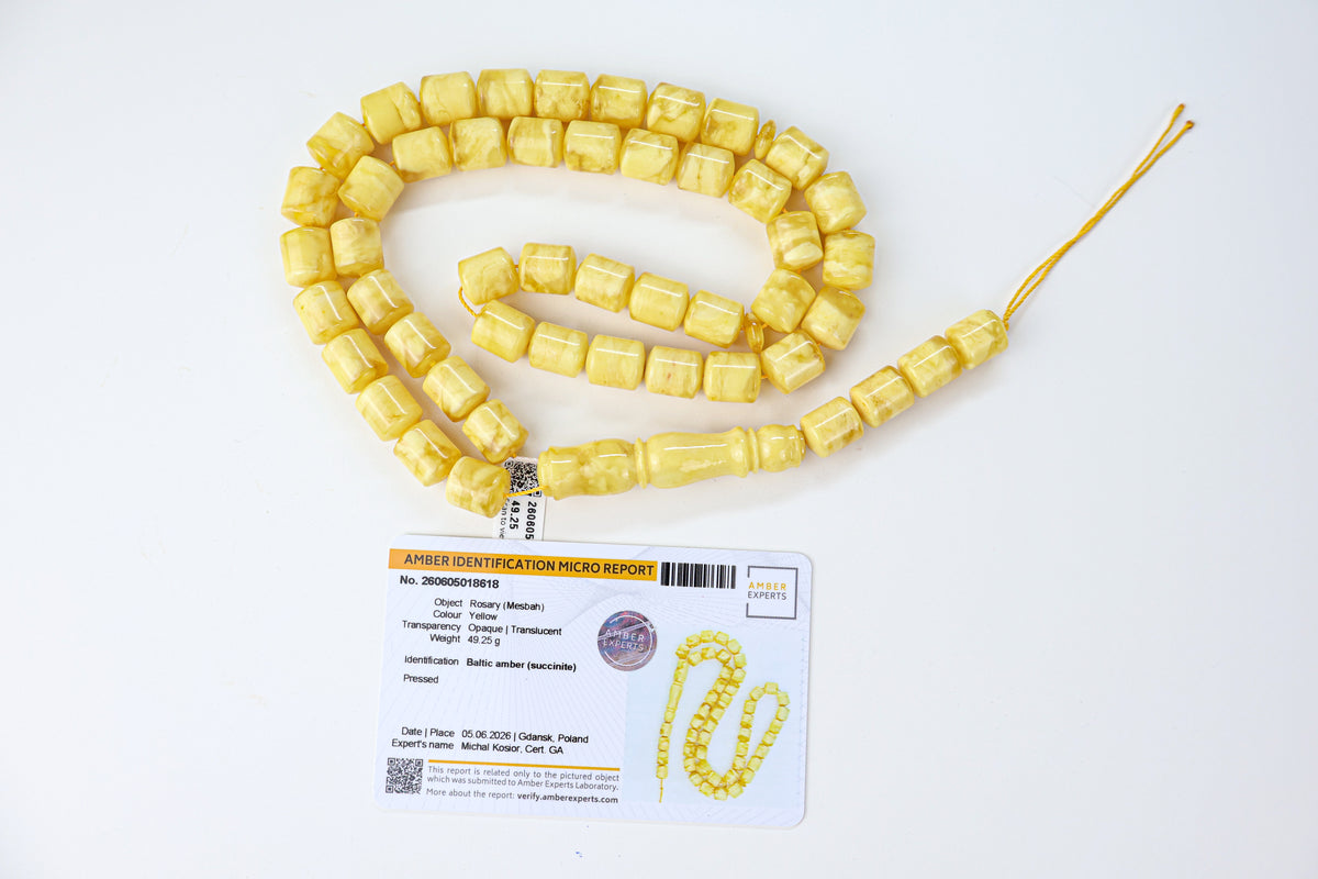 Certified Pressed Yellow Baltic Amber Rosary (Mesbah) | 49 Cylinder Beads (11.8x10mm)