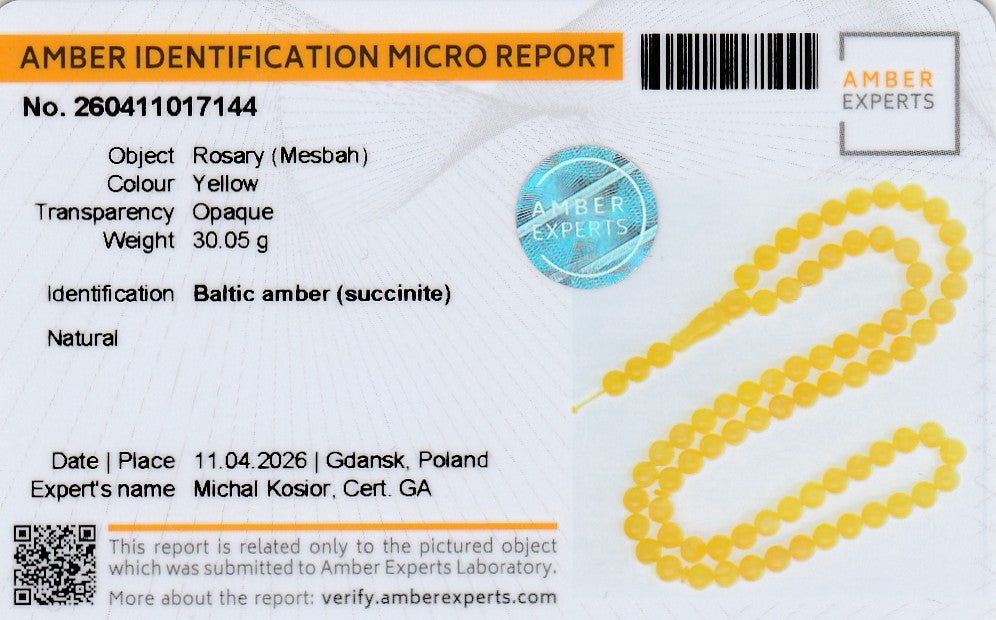 Certified natural mango yellow Baltic amber rosary (Mesbah) with opaque beads, weighing 30.05g. Tetibel