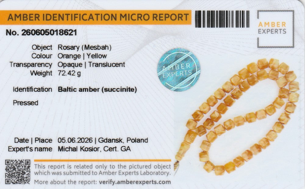 Tetibel Amber Jewels pressed Baltic amber rosary Mesbah in orange and yellow hues, officially certified by Amber Experts.