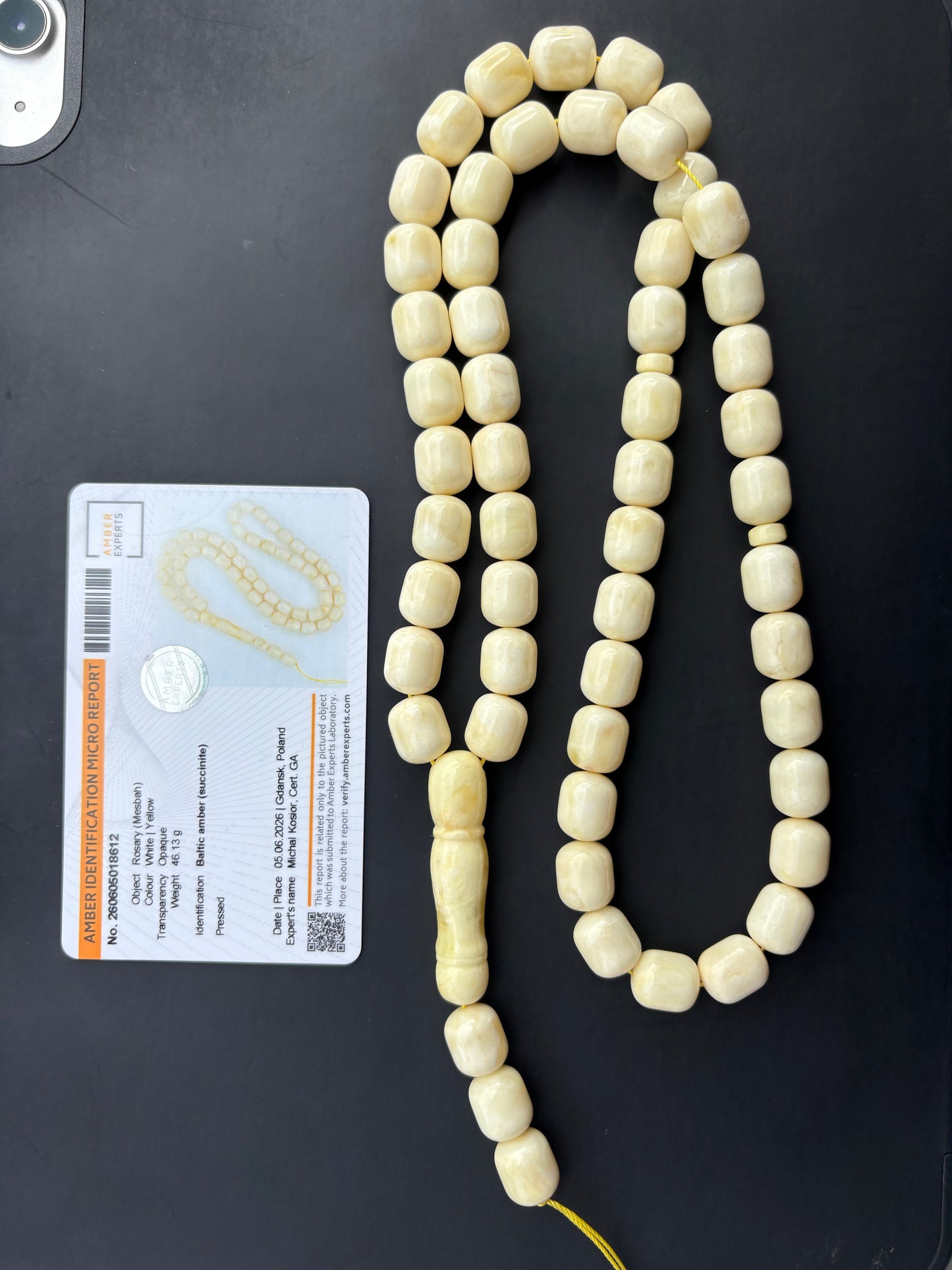 Tetibel 54-bead pressed Baltic amber rosary with 11.7x10mm white-yellow royal butterscotch cylinder beads and an official authenticity certificate.