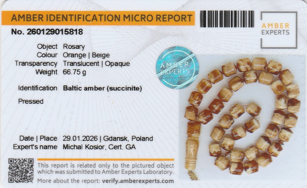 Amber Identification Micro Report with a Rosary on a white background