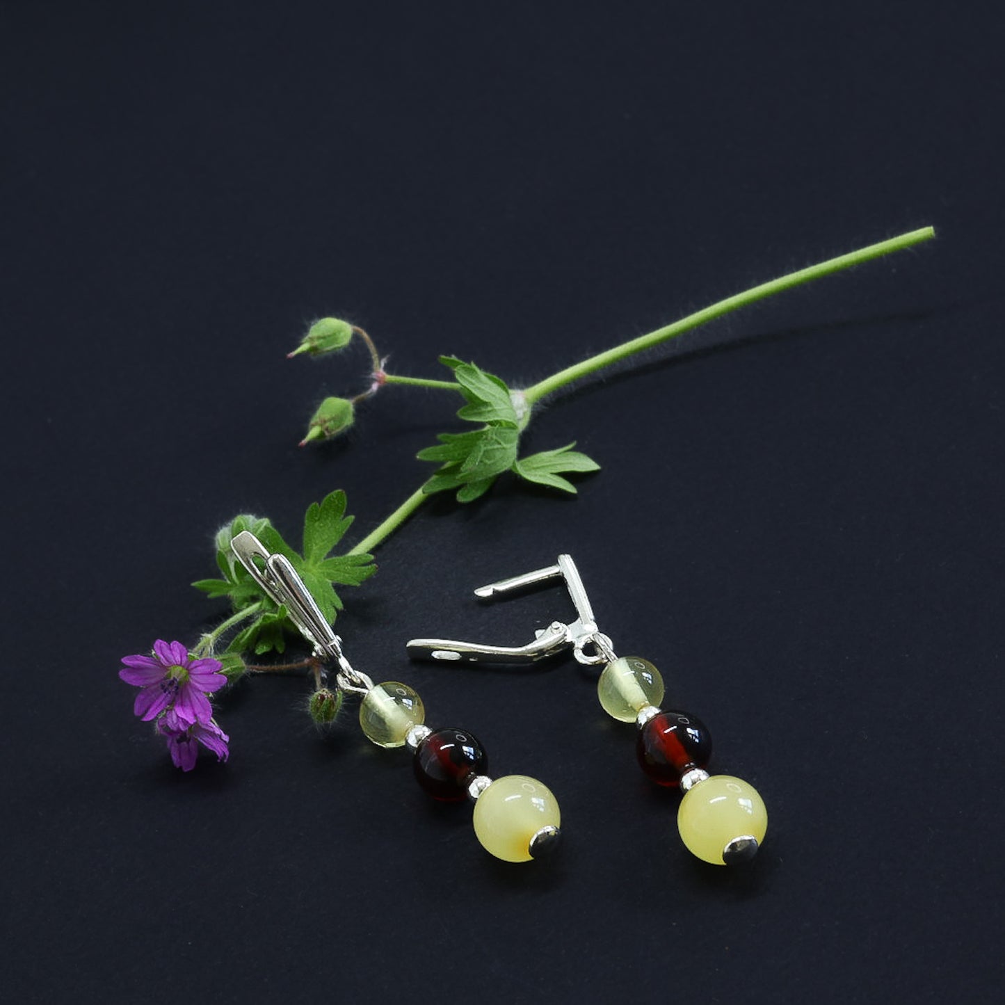 Nahaufnahme von Tetibel Jewels Tricolor Baltische Bernstein Ohrhänger mit 925 Sterling Silber Klappverschluss. Die Ohrringe liegen auf dunklem Untergrund, zeigen Butterscotch, Cognac und Lemon Bernstein Perlen (⌀6-8mm) und einen grünen Blattzweig im Hintergrund.