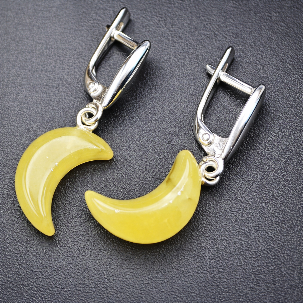 Natural Baltic amber moon earrings handcrafted in Europe with sterling silver setting