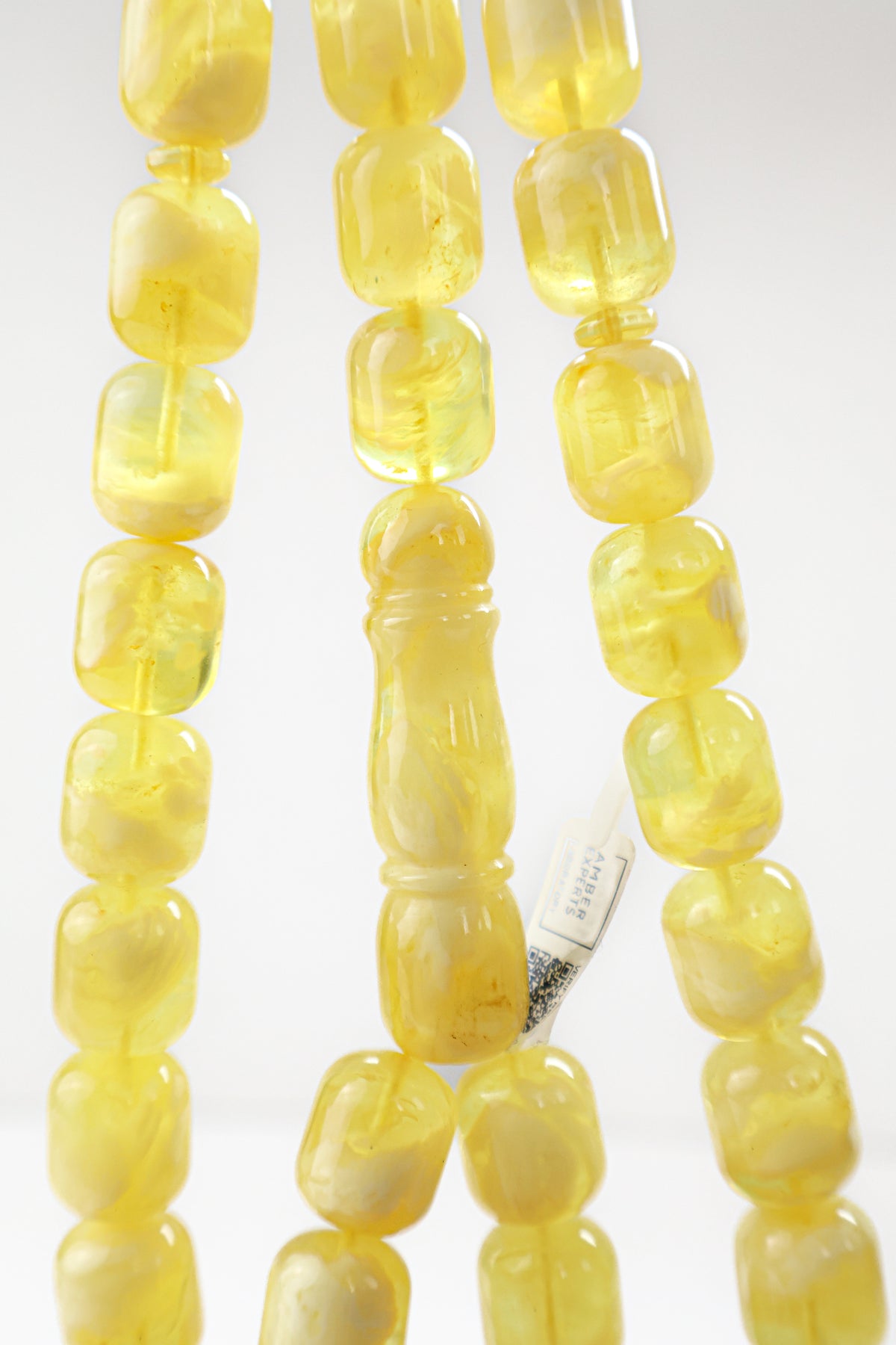 Certified yellow and white Baltic amber misbaha rosary weighing 71.49 grams by Tetibel.